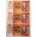 AUSTRALIA 1966 . TWENTY 20 DOLLAR BANKNOTES . CONSECUTIVE TRIO . MINOR CENTRE OBSTRUCTION AS AN ERROR